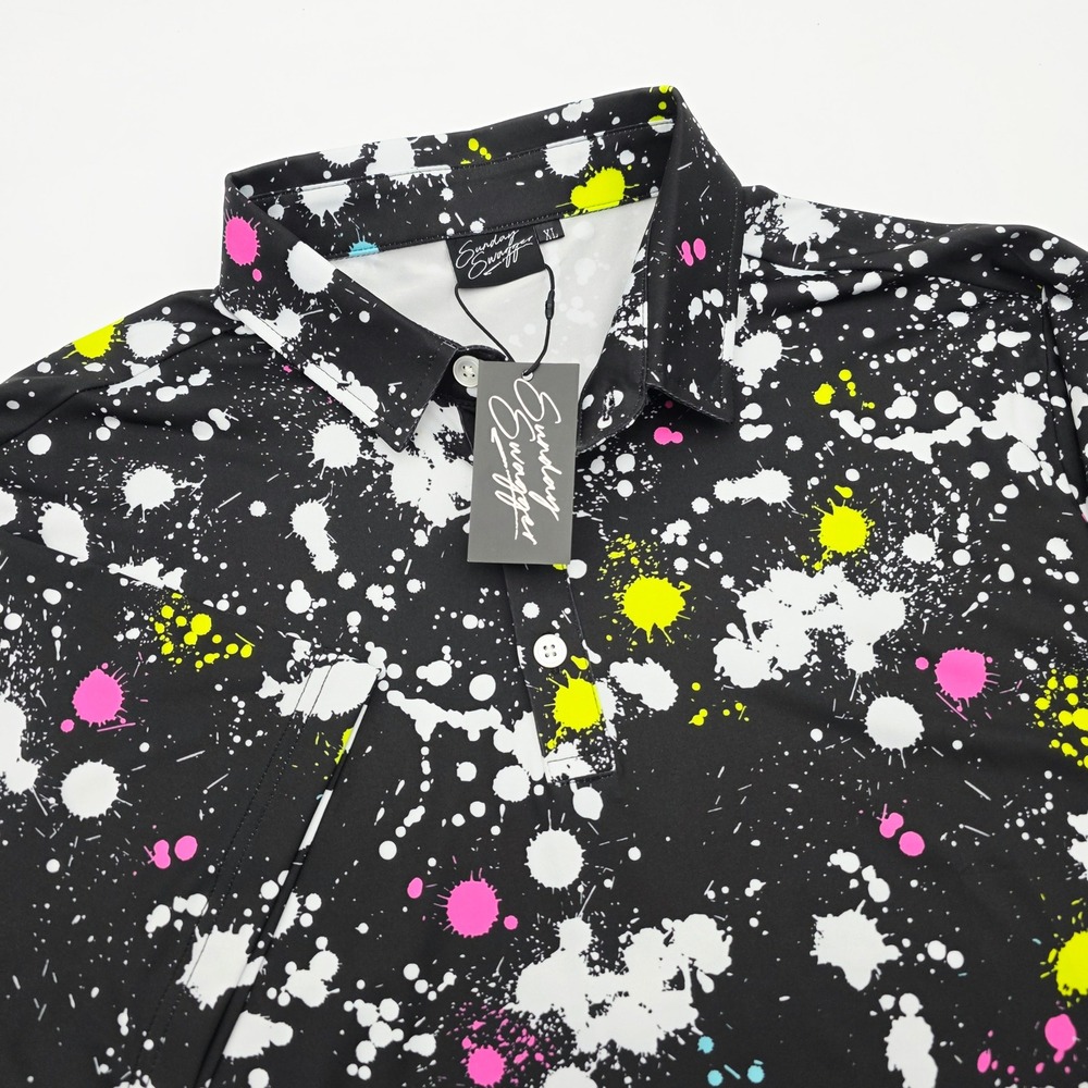 Sunday Swagger Golf Polo Shirt Mens XL Black Neon Paint Splatter Performance